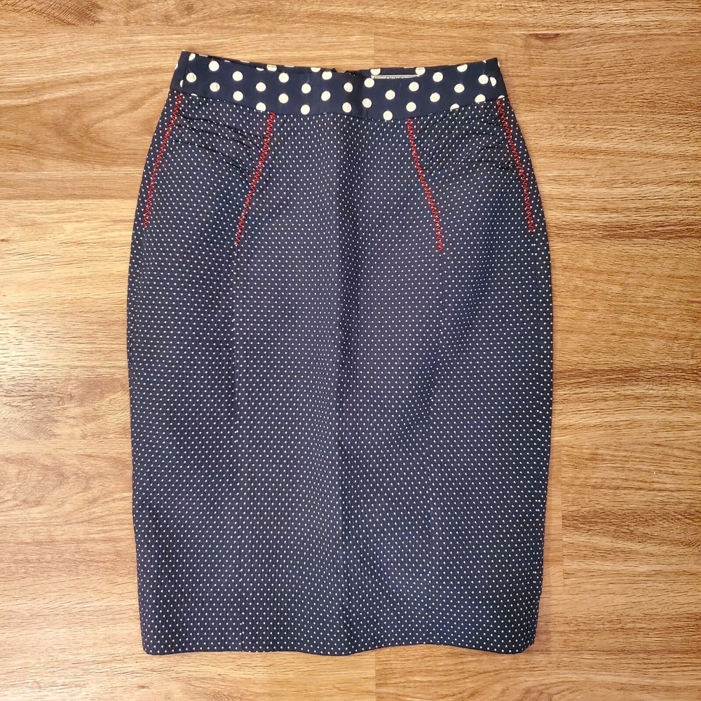 Yoana Baraschi Designer Anthropologie Navy & White Polka Dot Pencil Skirt Size 4 - Picture 1 of 8